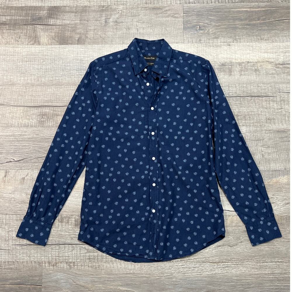 Massimo Dutti Mens Size Small Long Sleeve Button Up Shirt AOP Finest Fabric Blue